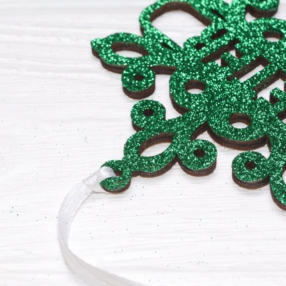 Personalized Christmas Snowflake / Green Glitter Snowflake, Wooden Snowflake Ornament, Christmas Decorations