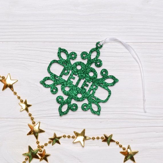 Personalized Christmas Snowflake / Green Glitter Snowflake, Wooden Snowflake Ornament, Christmas Decorations