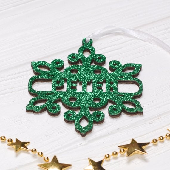 Personalized Christmas Snowflake / Green Glitter Snowflake, Wooden Snowflake Ornament, Christmas Decorations