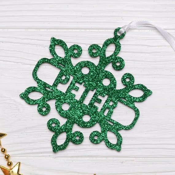 Personalized Christmas Snowflake / Green Glitter Snowflake, Wooden Snowflake Ornament, Christmas Decorations