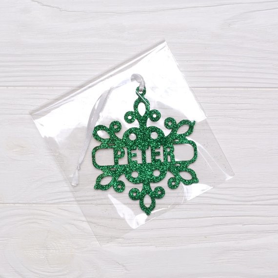 Personalized Christmas Snowflake / Green Glitter Snowflake, Wooden Snowflake Ornament, Christmas Decorations